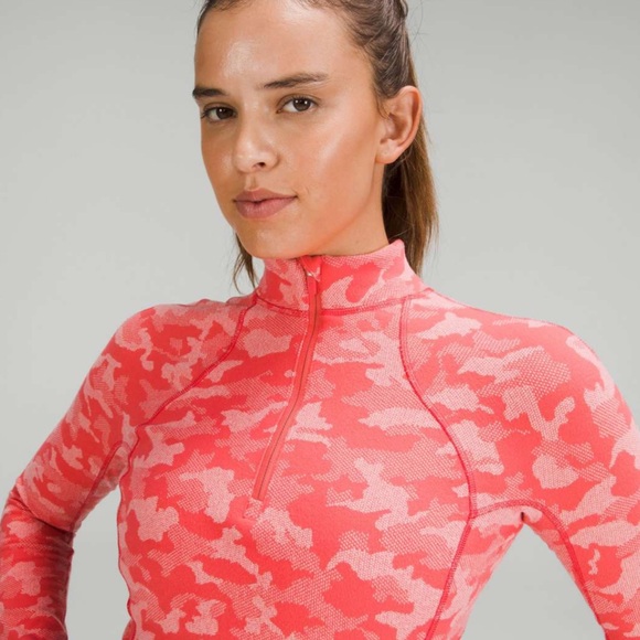 Lululemon raspberry pink camo jacquard Its Rulu Run Cropped Half Zip sweater top - Picture 10 of 13